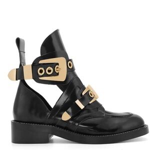 THE LABEL
NEW- CRUSH BLACK CUTOUT BOOTS - GOLD BUCKLES